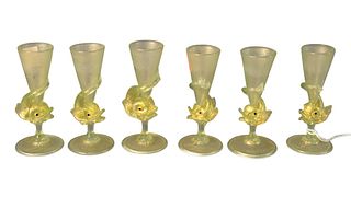 Set of Seven Venetian Glass Cordials, having dolphin form stem, height 4 1/2 inches.