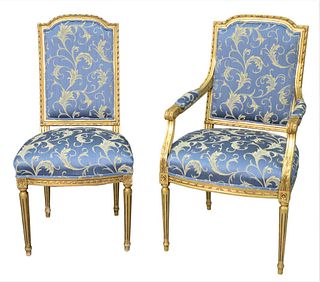 Set of Eight Louis XVI Style Chairs, having gilt frames and custom silk upholstery, seat height 18 inches.