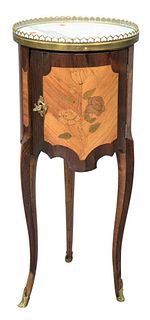 French Style Marquetry Inlaid Marble Top Stand, having a brass gallery and one door opening to three drawer fitted interior, height 29 1/2 inches, dia