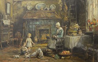 Arthur Vidal Diehl (American/British, 1870 - 1929), hearth scene with two children and kittens, oil on board, signed and dated "Arthur V. Diehl, 1928"