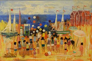 American School (20th Century), Children with Balloons at the Pier, oil on canvas, signed lower right "Chilmark", 24" x 36".