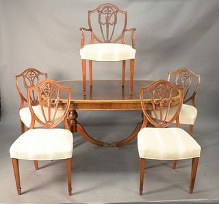 Seven Piece Lot, to include banded inlaid double pedestal dining table with two twelve inch leaves, along with six federal style chairs, two arm and f
