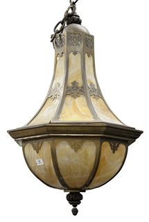 Large Slag Glass Bellform Hanging Light, having eight sides, height 40 inches, diameter 22 inches.