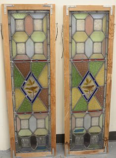 Set of Four Stained Glass Windows, two depicting bird in center, height 25 inches and 13 1/2 inches.