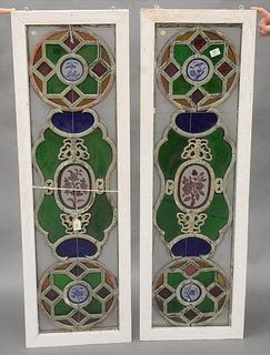 Pair of Stained Glass Windows, each depicting birds and flowers, 56" x 18".