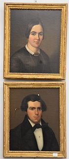 Pair of American School Portraits in Matching Gilt Frames, each oil on canvas laid on board, each unsigned, male portrait with paint loss, 22" x 18".