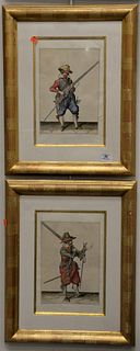 Set of Four Continental School Soldiers Engravings, possibly German, engraving with hand coloring, each unsigned, having matching frames, sight size 1