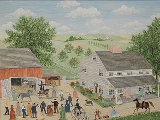 Albert Webster Davies (American, 1889 - 1967), Auction in the Town, oil on masonite, signed lower left "Davies", 17 1/2" x 23 1/2".