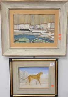 Two Piece Lot, to include a boatyard scene, watercolor on paper, signed lower right "Wally Young", along with a cheetah in a desert landscape, gouache