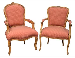 Pair of Louis XV Style Fauteuil, height 37 inches, width 25 inches.