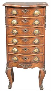 Diminutive Burlwood Chest, having six drawers each with two porcelain hand painted scenes, height 32 1/2 inches, top 12" x 16 1/2".