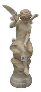 Alabaster Sculpture of an Angel, having butterfly on its arm, raised on a marble circular base (wings are removable), height 24 1/4 inches.