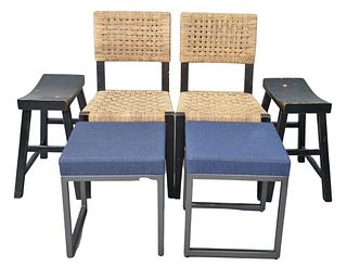 Six Piece Lot, to include a pair of Desiron stools; a pair of Palecek sea glass and panama wood side chairs, along with a pair of black stools in blac