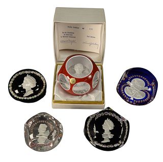 Five Saint Louis Glass Paperweights, each having sulfide bust interiors, to include busts of Jimmy Carter, Statue of Liberty, and three royals, one ha