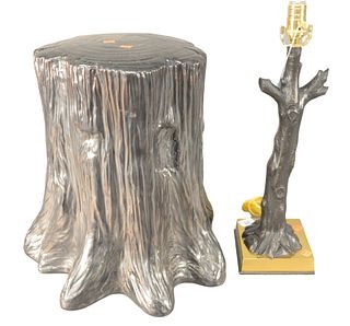 John Dickinson Style Bronze Tree Form Table Lamp, by Arrowsmith Forge, Mill Brook, New York, height 22 1/2 inches overall, along with a ceramic tree f