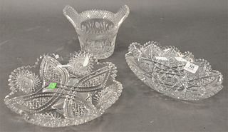 Three Piece Group of American Cut Glass, to include a round ice cream dish, a basket having strawberry motif, along with a plate having floral decorat