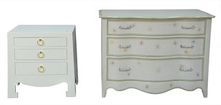 Three Piece Lot, to include a three drawer paint decorated chest, a three drawer white nightstand; along with a pink vase form table lamp, height 35 i