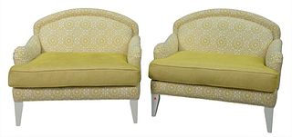 Pair of Custom Yellow Upholstered Chair and a Half, having white square tapered legs, height 32 1/2 inches, width 40 inches, Provenance: David and Cyn