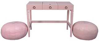 Five Piece Lot, to include a custom pink vanity (as is with minor paint loss); lucite stool with upholstered top; two pink leather poofs having white 