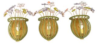 Set of Three Contemporary Wall Sconces, in the form of flower baskets, each having multicolor glass daisies, length 17 inches.