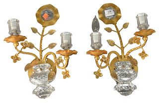 Pair of Gilt Metal and Glass Floral Wall Sconces, having two arms and an urn form base, length 16 inches.