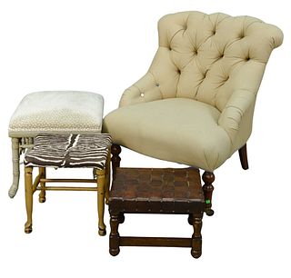 Four Piece Lot, to include a tufted upholstered arm chair; a faux bamboo ottoman; a zebra pattern embroidered ottoman; along with a faux leather woven