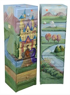 Two Paint Decorated Tall Six Drawer Dressers, both having fairytale motifs, height 40 1/2 inches, width 12 inches, depth 11 1/2 inches.