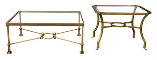 Two Piece Lot, to include a glass top coffee table, ending in metal paw feet, along with contemporary glass top coffee table, having gilt metal frame 