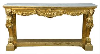 Continental Style Marble Top Console Table, gilt decorated with three drawers and rams heads, height 37 inches, top 16 1/2" x 69 1/2".