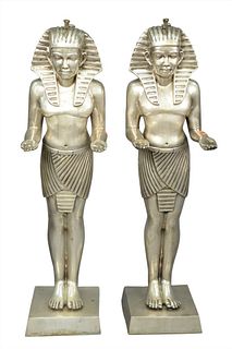 Pair of Silvered Brass Egyptian Pharaoh Figures, height 45 inches.
