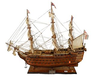 HMS Victory Ship Model, having 108 model guns, 1805, height 32 inches, length 37 inches, depth 8 inches.