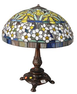 Tiffany Style Table Lamp, having apple blossom leaded glass shade, height 24 inches, shade diameter 21 inches.