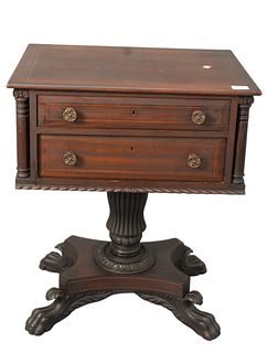 Mahogany Two Drawer Work Table having paw feet, height 27 1/4 inches, top 16" x 23".