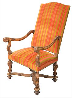 William and Mary Style Walnut Armchair having carved framed x stretcher base, height 48 inches, width 28 1/2 inches.