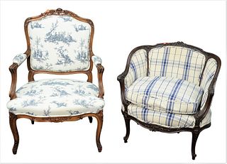 Two Louis XV Style Upholstered Arm Chairs, height 28 inches and 37 inches.