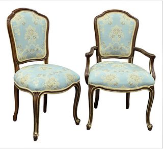 Set of Nine French Style Dining Chairs, having gilt detailing over cabriole legs and custom blue floral upholstery, height 39 inches, width 18 1/2 inc