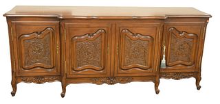 Large Fruitwood French Style Server, having four doors, each with foliate motif, center doors opening to fitted interior, height 38 inches, length 90 