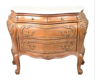 Louis XV Style Fruitwood Bombe Commode, having shaped marble top and two short over two long drawers, height 35 inches, width 41 inches, depth 18 inch