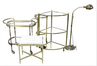 Five Piece Group, to include a brass corner shelf having three glass shelves; a rolling brass bar cart having two glass shelves; a round stand (missin
