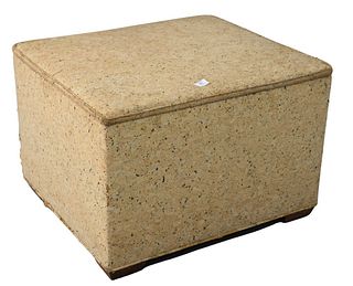Lift Top Ottoman, having cork covered upholstery, height 21 inches, length 30 1/2 inches, width 26 inches.