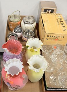 Twelve Piece Group of Satin Glass, stone with Enameling, to include a three piece set of pink having creamer, covered sugar and biscuit jar; a pair of