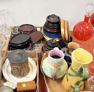 Four Tray Lots, to include several Asian hardwood stands, three Majolica pitchers, a silver plated tray, along with several other items, corn pitcher 