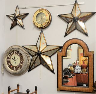 Six Piece Decorative Wall Hangings, to include two clocks, one mirror (as is), along with three matching mirrored stars, largest 33" x 22 1/2", Proven