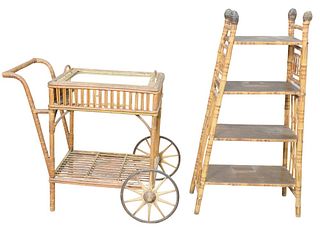 Two Piece Lot, to include four tier bamboo shelf along with a wicker cat, shelf height 43 inches, cat height 30 inches.