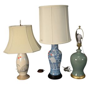 Group of Six Table Lamps, to include pair of Japanese Imari porcelain table lamps having blue chrysanthemum motif, a pair of celadon crackle glaze, al