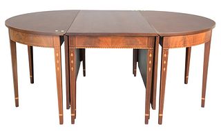 Custom Mahogany Federal Style Three Part Dining Table, having oval ends and drop leaf center table, all with bell flower inlay, circa 1900 height 30 i