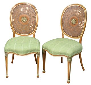 Pair of Adams Style Side Chairs, each with caned backs and upholstered seats, height 40 inches, Provenance: David and Cynthia Kim, 22 Stoney Wylde Lan