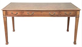 Mahogany Desk, having three drawers and tooled leather top, height 30 inches, top 30" x 60".