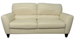 Contemporary Beige Leather Sofa, height 36 inches, length 80 inches, depth 35 inches.