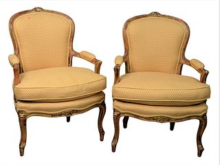 Devon Shops New York Custom Pair of Louis XV Style chairs, having custom upholstered seat, width 26 1/2 inches.